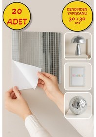 Resim 20 Li Kendinden Yapışkanlı Silver Ayna Mozaik Disco Sticker Duvar Eşya Dekoratif Kaplama 30x30 Cm Gümüş 