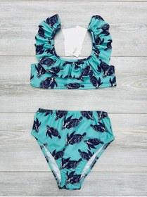 Resim Fırfırlı Baskılı Kız Çocuk Mayosu Bebe Mavi 