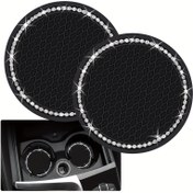 Resim 2 adet Kristal Taşlı Kenarlı Parıldayan Siyah Silikon Araba Bardak Altlıkları - 6.99cm Kaymaz, Araç İçi İçin Uygun İçecek Matları, Kadınlar & Kızlar İçin Şık Aksesuar, Bardak Tutucular İçin Araba Altlıkları 