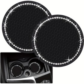 Resim 2 adet Kristal Taşlı Kenarlı Parıldayan Siyah Silikon Araba Bardak Altlıkları - 6.99cm Kaymaz, Araç İçi İçin Uygun İçecek Matları, Kadınlar & Kızlar İçin Şık Aksesuar, Bardak Tutucular İçin Araba Altlıkları 