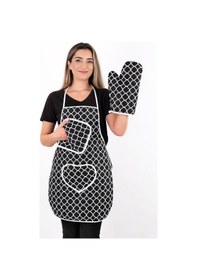 Resim Trendy 3lü Set Sıvı Su Geçirmez Mutfak Önlüğü Isıya Dayanıklı Fırın Eldiveni Ve Tutacak Çeyiz Seti Siyah Halkalı 