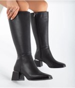 Resim AKÇA Siyah Diz altı şık ve rahat topuklu kare burun kadın çizme 