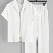 Resim 2 adet Erkekler için Rahat Yazlık Set - Kısa Kollu Düğmeli Küba Yaka Gömlek ve Bağcıklı Bel Pantolon, Polyester Karışımı, Düz Renk, Düzenli Kesim, Nefes Alabilen Kumaş, Günlük Giyim için Hafif 