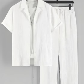 Resim 2 adet Erkekler için Rahat Yazlık Set - Kısa Kollu Düğmeli Küba Yaka Gömlek ve Bağcıklı Bel Pantolon, Polyester Karışımı, Düz Renk, Düzenli Kesim, Nefes Alabilen Kumaş, Günlük Giyim için Hafif 