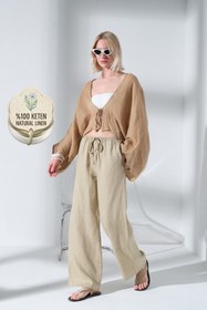 Resim %100 Keten Bağcıklı Rahat Kalıp Dokuma Kadın Pantolon @Varuna - Bej / XS 