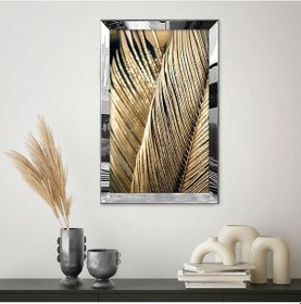 Resim Gümüş Aynalı Pleksi Çerçeveli Minimalist Siyah Altın Sarısı Palmiye Desenli Soyut Çizim Tablo 