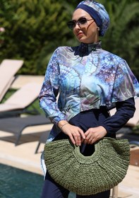 Resim ns tasa Pelerin Model Blue Garden Desen Tasarım Tesettür Tulum Mayo 