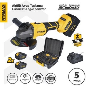 Resim Rtrmax RTS5050 Şarjlı Avuç Taşlama Makinası Kömürsüz 125mm 8.500 Rpm 2x4 Ah 20V Çift Akü S-Lion 