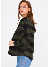 Resim Tarz Cool Kadın Haki-siyah Slim Fit Cepli Ekoseli Oduncu Gömlek-kkkodg001r08s Haki-siyah 