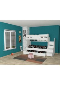 Resim 2Aevmoduler 2022 Üretim Mdflam Düz Yüzey Lake Beyaz 3 Kişilik Cekmeceli Ranza 