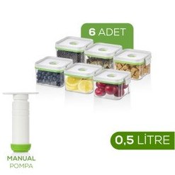 Resim 7'li Vakumlu Saklama Kabı Seti | 6x 0,5 Litre Kap + Manuel Pompa 