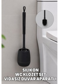 Resim Silikon Klozet Ve Wc Fırçası - Paslanmaz Alüminyum Sap - Vidasız Duvar Askılı Güçlü Yapışkan Siyah 
