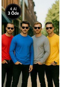 Resim Erkek Sarı-mavi-kırmızı-gri Melanj 4'lü Paket Basic Uzun Kollu Tişört Sporcu Body T-shirt Çok Renkli 