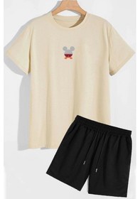 Resim Uyguntarz Sırt Baskılı Şort T-shirt Eşofman Takımı Bej 