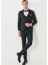 Resim Ac&Co / Altınyıldız Classics Erkek Siyah Ekstra Slim Fit Dar Kesim Kırlangıç Yaka Desenli Yelekli Smokin Takım 