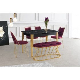 Resim Viento Mobilya Venüs Sonata Desenli Highgloss Gold Sütun Ayak Masa Takımı 4 Adet Lady Örgülü Sandalye 1 Adet Bench 