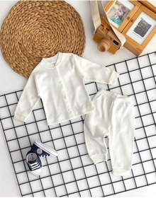 Resim DERİNBEBE Neşeli Bebekler Çizgili Kumaş Önden Çıtçıtlı Pijama Takımı Beyaz 