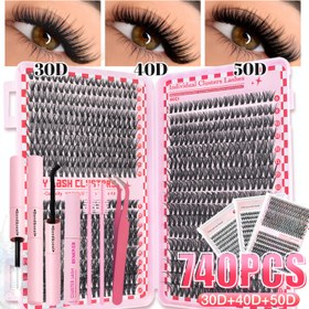 Resim Başlangıç seviyesi için 740/280/240 adet DIY Sahte Kirpik Kitleri 30/40/50D Wispy Kirpik Demeti Mega Hacimli Kirpikler D-Curl Karışık Kalınlık Görünmez Doğal Titrek Kirpikler Wispy Yeniden Kullanılabilir Bağ ve Mühür Kirpik Çıkarıcı Fırça Tıraş Makası Kız Arkadaşlar için Ev Hediyeleri 