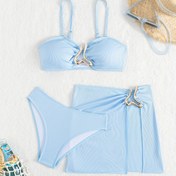 Resim Seksi Straplez Mayo ile Düzensiz Mini Etek Bikini Seti, Orta Esneklikli Kumaş, Düz Renk, Kontrast Mesh Detay, Plaj veya Havuz Kenarı için Mükemmel 