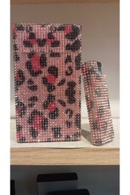 Resim NESGIFT Pembe Leopar Krsital Taşlı Uzun Slim Sigara Kutusu Ve Cakmak 