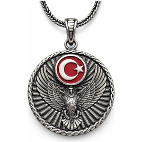 Resim Gümüş Türk Kartalı Ve Ay Yıldız Motifli Erkek Kolye Çok Renkli 