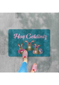 Resim Dijital Baskılı Kapı Önü Paspas Hoşgeldiniz Yazılı Çiçek Desen Ve Tavşan Iç Ve Dış Kapı Yıkanabilir Sakız Mavisi 