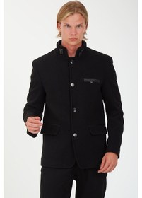 Resim Sposo 1675 Hakim Yaka Düğmeli Yünlü Kaşe Siyah Erkek Kaban Siyah 