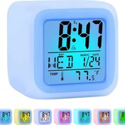 Resim Renkli LED Dijital Alarm Saati ve Sıcaklık Göstergesi - Sessiz, Işıltılı, Kare Tasarım, 7 Günlük Hava Tahmini, Tarih & Zaman Gösterge, AAA Pil ile Çalışır (Piller Dahil Değildir), Yatak Odaları için Alarm Saatleri 
