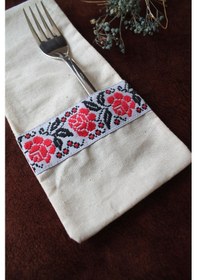 Resim 6 Adet Kanaviçe Çiçek Şeritli Keten Kaşıklık Servis Sunum Krem 