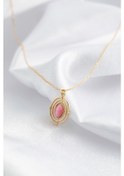 Resim 14 Ayar Altın Minimal Pembe Oval Taşlı Kolye 
