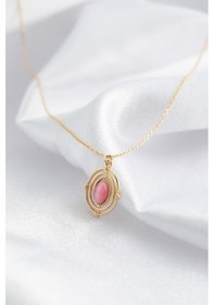 Resim 14 Ayar Altın Minimal Pembe Oval Taşlı Kolye 