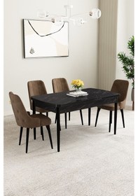 Resim Clara Siyah Mermer Desen 80x132 Açılabilir Yemek Odası Takımı 4 Adet Sandalye Kahverengi 
