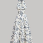 Resim Kadınlar için Vintage Mavi Çiçek Desenli A Kesim Elbise - Sırtı Açık Yarı Şeffaf Asma Boyunlu Uzun İlkbahar Yaz Sonbahar Elbisesi, Günlükten Resmi Etkinliklere Uygun, Makinede Yıkanabilir, Çiçekli Baskılı Elbise, Her Gün İçin Zarif Giyim, Retro Estetik, Nazik Görünüm 