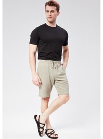 Resim Erkek Beli Lastikli Bağcıklı Keten Karışımlı Slim Fit Jogger Şort Yeşil Yeşil 