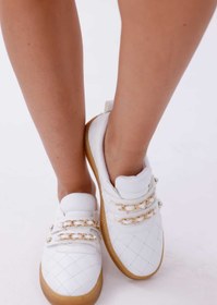 Resim RASEAL SHOES Kadın Sneaker Rahat Altın Renkli Zincir ve İnci Detaylı Cırtlı Spor Ayakkabı 