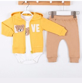 Resim 3-6-9-12 Ay Erkek Bebek Takımı Love Bear Nakış Hırkalı 3'lü Sarı Sari 