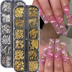 Resim FULL BEAUTY 12 Izgara Rastgele Karışım Tırnak Riveti Studs, Altın/Gümüş Yıldızlar, Işık Tırnak Sanatı Sihirleri, Asterism Starlight Aksesuarları, Kokusuz Manikür Malzemeleri 