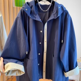 Resim Kadınlar İçin Lacivert Kapüşonlu Rüzgarlık Ceket - 2024 Yeni Bol Kesim Uzun Kaban, Beyaz Düğme Detaylı, Makinede Yıkanabilir İlkbahar/Sonbahar Çok Amaçlı Dış Giyim, Dayanıklı Kumaş 