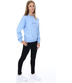 Resim Toontoy Kids Toontoy Kız Çocuk 2'li Takım Baskılı Bisiklet Yaka Düşük Omuz Sweatshirt & Basic Düz Tayt Mavi 