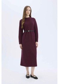 Resim DeFacto Regular Fit Bisiklet Yaka Uzun Kollu Kemerli Selanik Kumaş Maxi Tesettür Elbise E5790AX25SPBR459 
