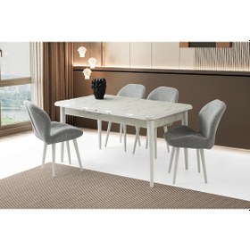 Resim Ahşap Salon Yemek Masa Sandalye Takımı 4 Porto Sandalyeli Ortadan Açılır Büyüyen 90x160cm Mermer Des Beyaz 
