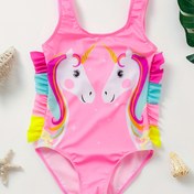 Resim Kızlar için Sevimli Pembe Unicorn Tek Parça Mayo - Kolsuz, Fırfır Detaylı, Esnek Polyester Kumaş, Plaj & Havuz Partileri için Mükemmel, Gençlerin Mayo|Unicorn Temalı Mayo|Elde Yıkanabilir Kumaş 