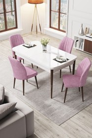 Resim Canisa Par Serisi 70x114, Açılabilir Mdf Yemek Masası Beyaz Masa Ceviz Ayak Ve 4 Pembe Sandalye Takımı 
