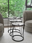 Resim Puklife Rüya 3lü Zigon Sehpa Siyah Ayak Beyaz Mermer Desenli Kırılmaz Cam 