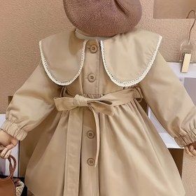 Resim Beşik Kız Uzun Kollu Rüzgarlık Mont, Ayarlanabilir Bel Bağcıklı & Dantel Detaylı - Bej Günlük İlkbahar/Sonbahar Dış Giyim, File Kol Ayrımı, Makinede Yıkanabilir, Çocuk Katmanlama Parçası, Kore Modası Tarzı, Düz Renk Tasarım 