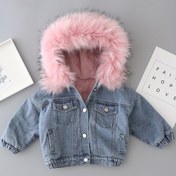Resim 1 adet Kızların Kış Casual Jean Ceket, Sahte Kürk Kapüşon, Kalın Fleece Astarlı, Düğmeli, Kısa Uzunluk, Uzun Kollu, Esnek Olmayan, Tek Renk, Normal Beden, Casual Çıkış Giyim 