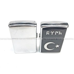 Resim Türk Bayrağı Göktürkçe Ftnh Türk Gümüş Renk Benzinli Çakmak 