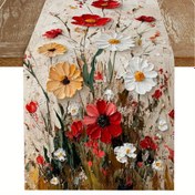 Resim 1 Adet Canlı Çiçekli Masa Koşucusu - Kırmızı Haşhaşlar, Beyaz Papatyalar ve Sarı Astarlarla Renkli Polyester Karışımı, Rustik Fransız Ülke Stili, İlkbahar & Yaz Ev Dekoru İçin Mükemmel, İç/Dış Mekan Kullanımı, Tatil, Yemek Odası ve Aile Toplantıları için, Çiçek Dekoru 