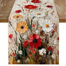 Resim 1 Adet Canlı Çiçekli Masa Koşucusu - Kırmızı Haşhaşlar, Beyaz Papatyalar ve Sarı Astarlarla Renkli Polyester Karışımı, Rustik Fransız Ülke Stili, İlkbahar & Yaz Ev Dekoru İçin Mükemmel, İç/Dış Mekan Kullanımı, Tatil, Yemek Odası ve Aile Toplantıları için, Çiçek Dekoru 