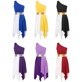 Resim Mor Çocuk Kız Kolsuz Lirik Dans Kostümleri Kontrast Renk Asimetrik Artistik Patinaj Bale Elbise Mor 